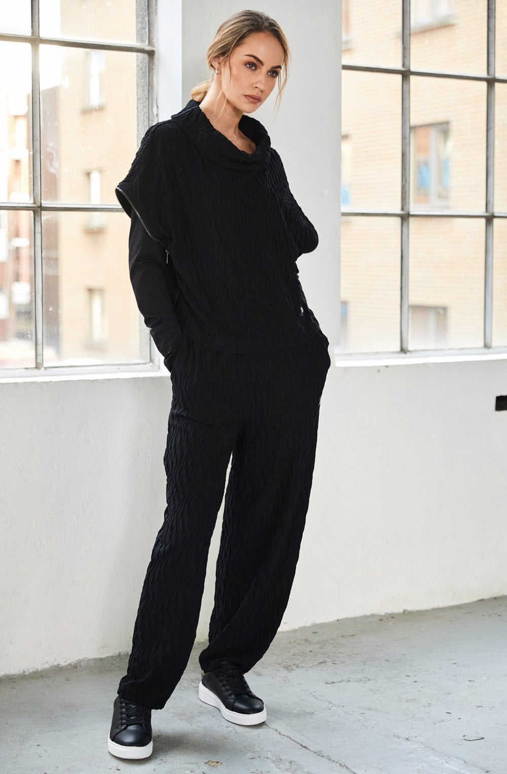 Black Zip Detail Funnel Neck Top