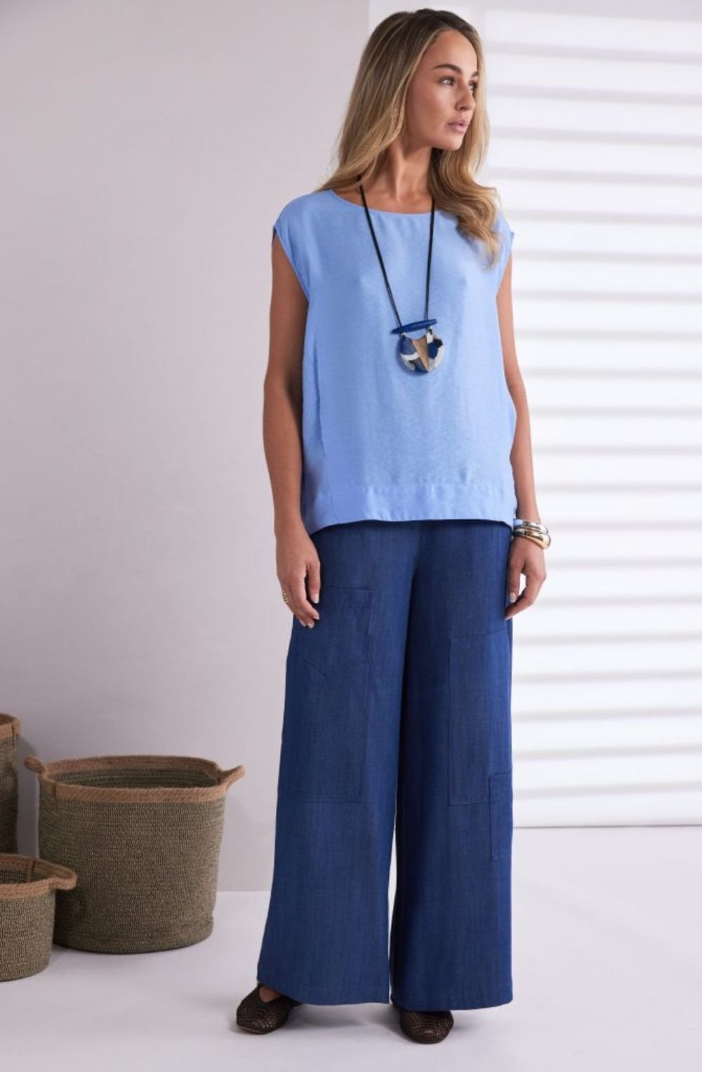 Blue Pleat Detail Relaxed Blouse