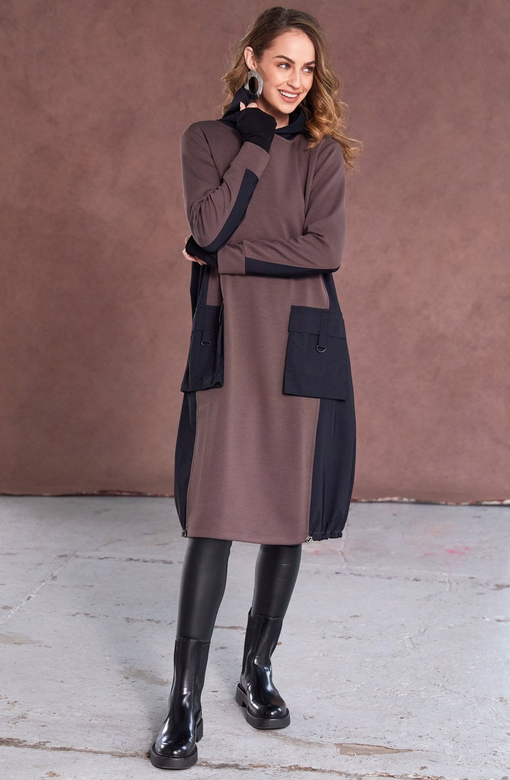 Cocoa and Black Hooded Jersey Dress