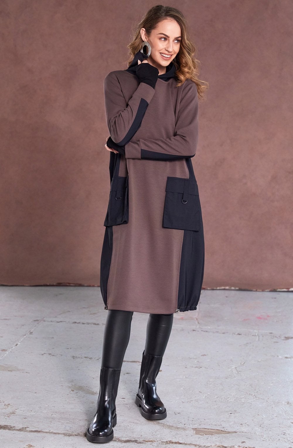 Cocoa and Black Hooded Jersey Dress