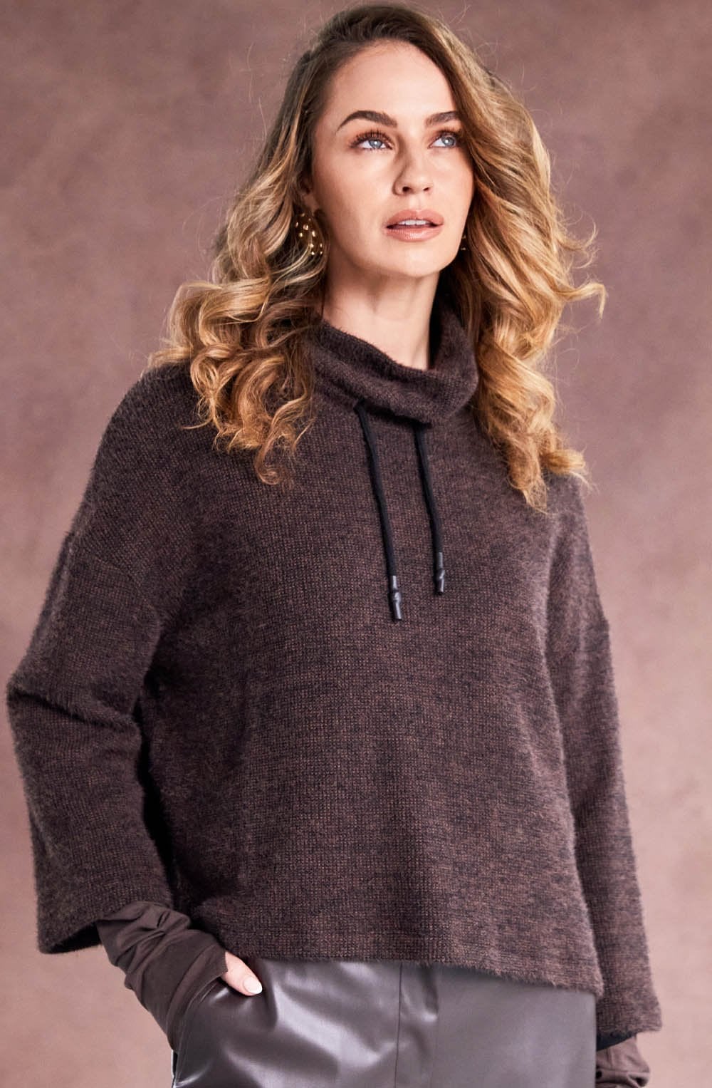 Cocoa Drawstring Funnel Neck Jumper