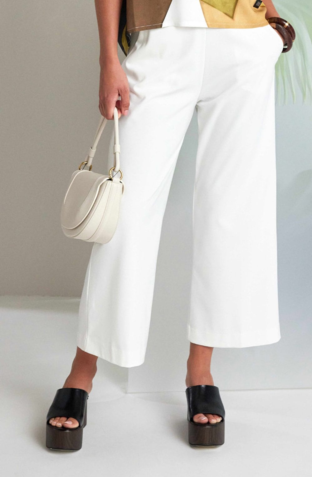 Cream Luxury Jersey Wide Leg Cropped Trousers