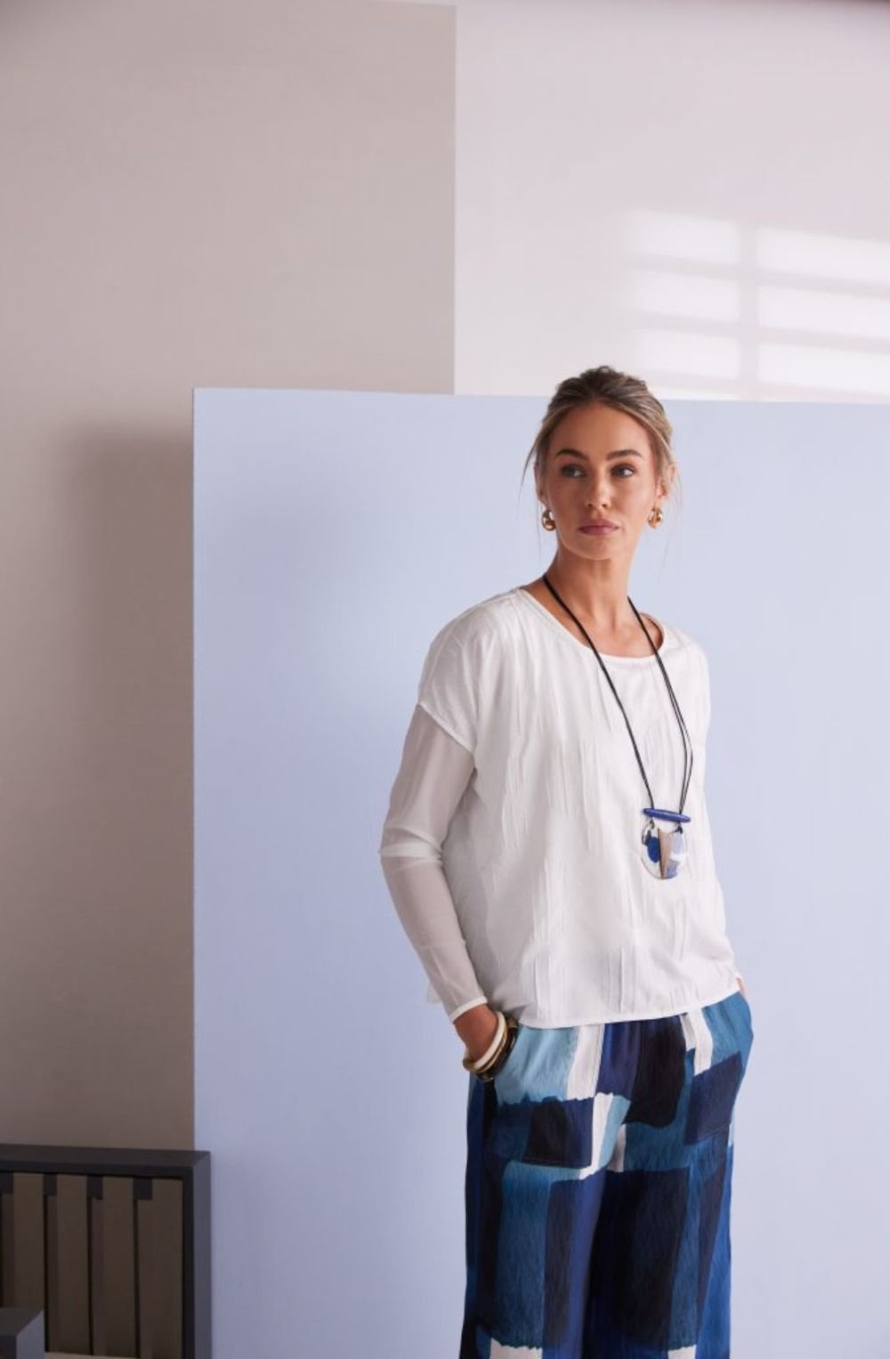 Cream Mesh Sleeved Relaxed Top