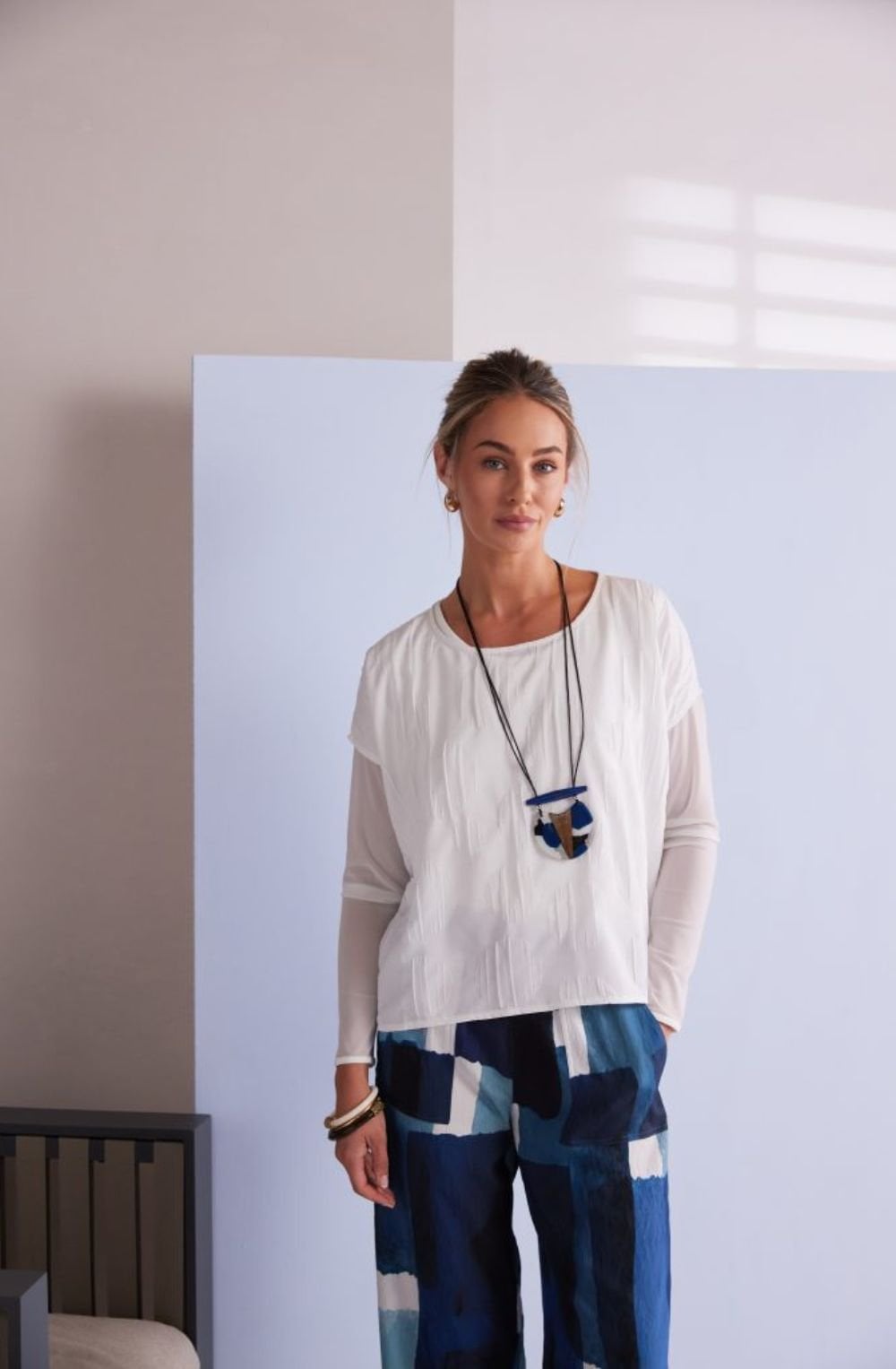 Cream Mesh Sleeved Relaxed Top