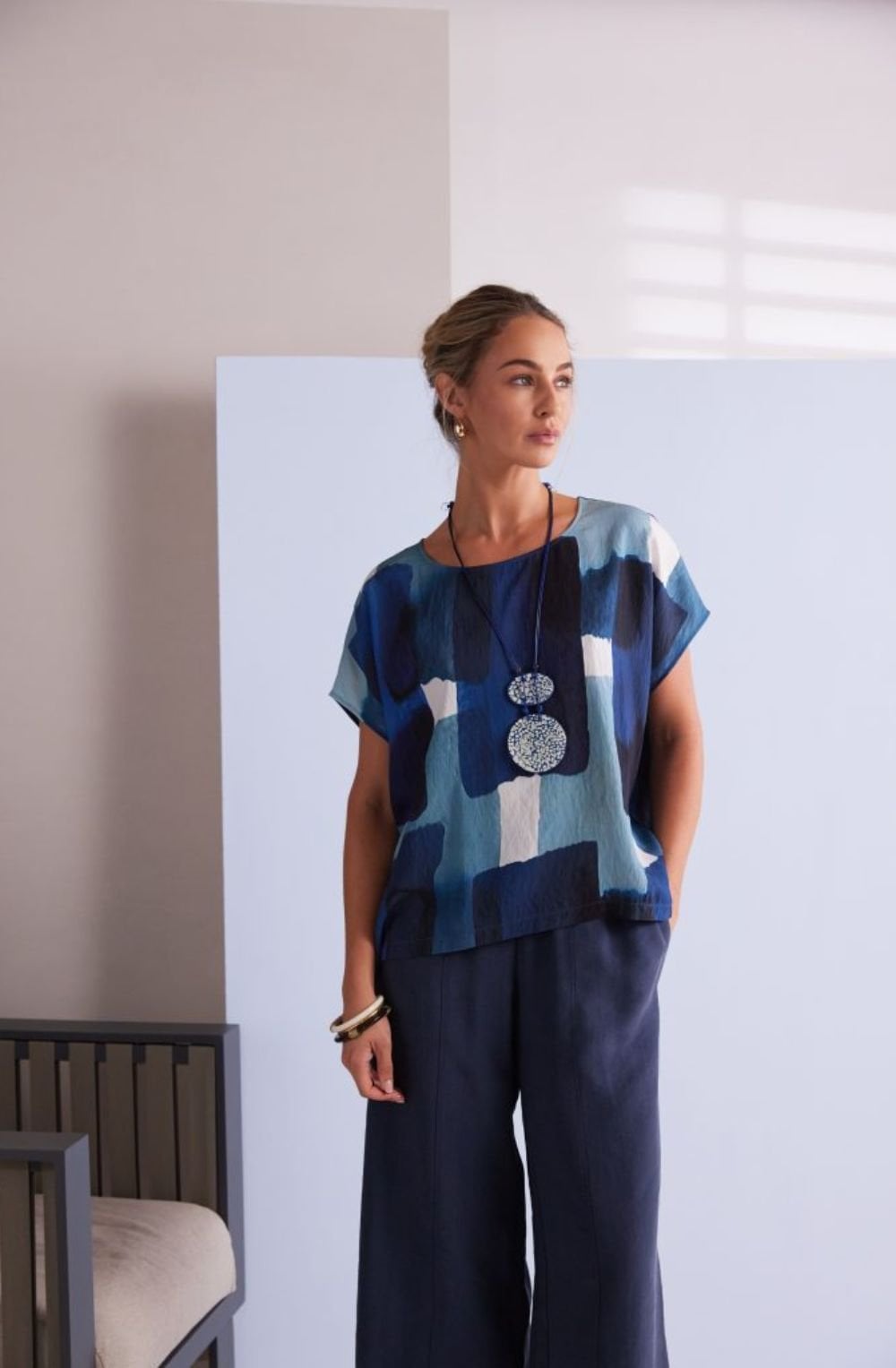 Denim Blue Bold Print Blouse