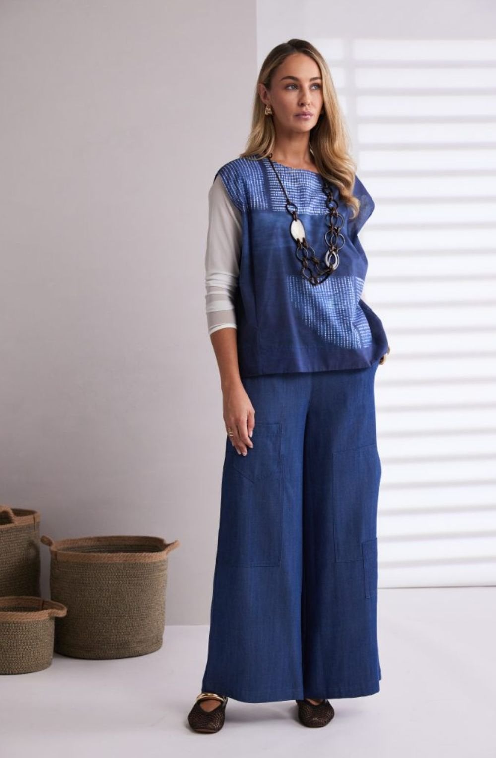 Denim Blue Distorted Semi Circle Print Top