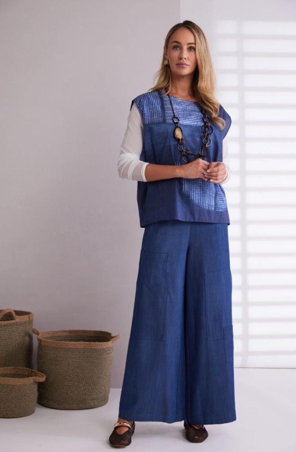 Denim Blue Distorted Semi Circle Print Top