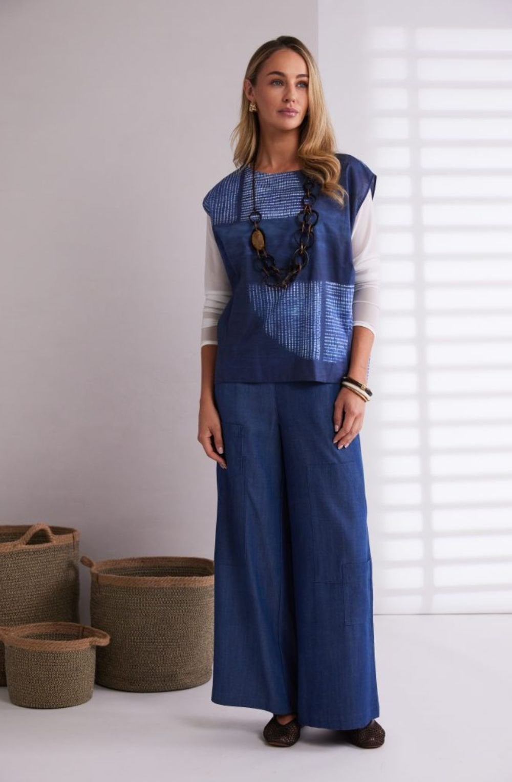 Denim Blue Distorted Semi Circle Print Top