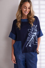 Denim Blue Flower Print Funnel Neck Top