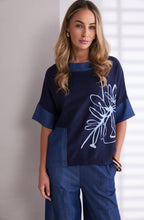 Denim Blue Flower Print Funnel Neck Top