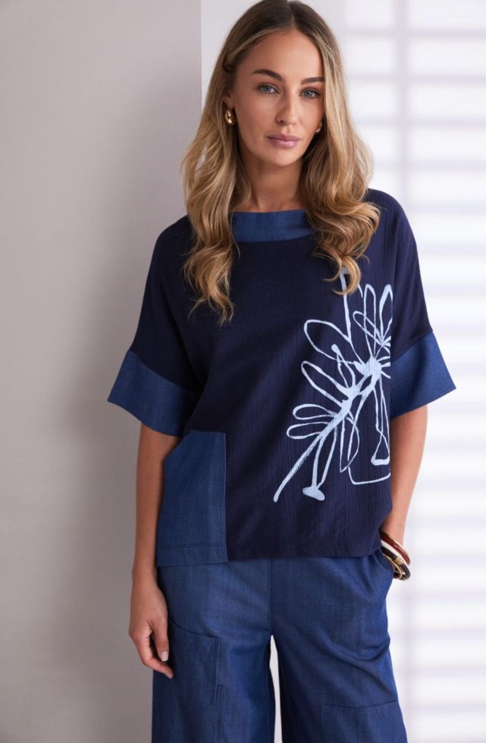 Denim Blue Flower Print Funnel Neck Top