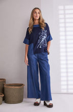 Denim Blue Flower Print Funnel Neck Top