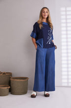 Denim Blue Flower Print Funnel Neck Top