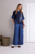 Denim Blue Flower Print Funnel Neck Top