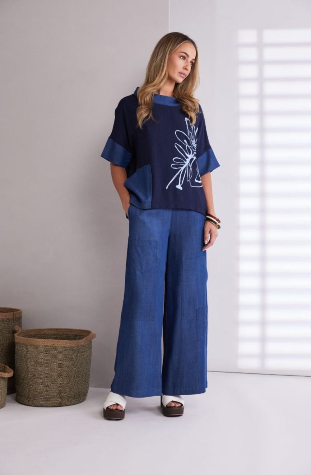 Denim Blue Flower Print Funnel Neck Top