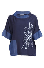 Denim Blue Flower Print Funnel Neck Top