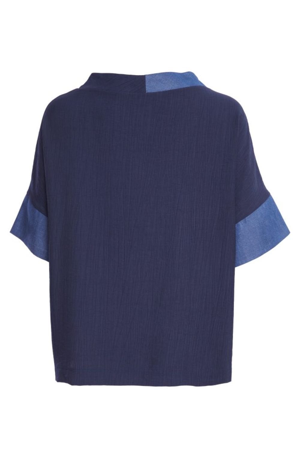 Denim Blue Flower Print Funnel Neck Top