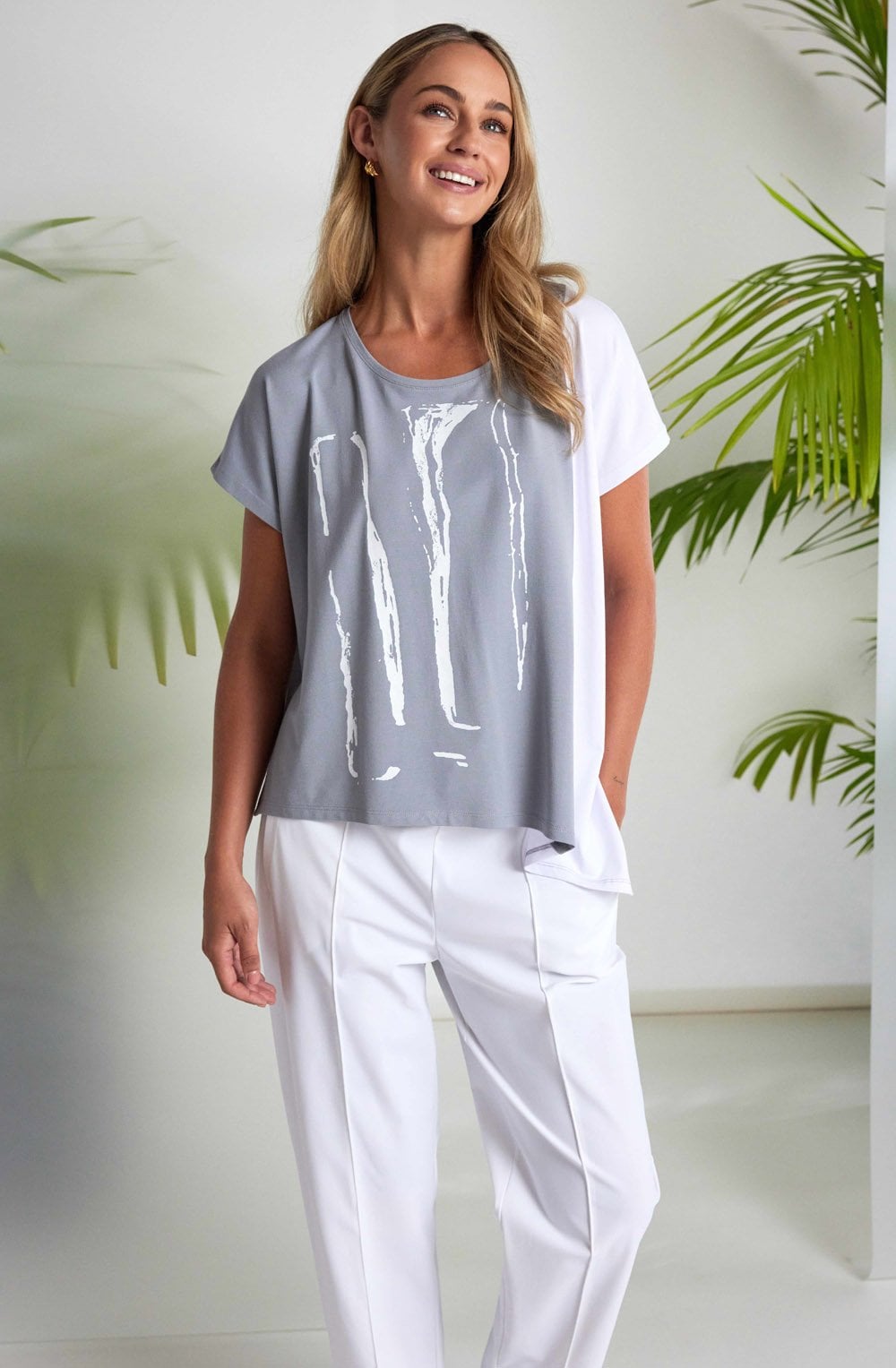 Dove Grey and White Abstract Design Relaxed T Shirt