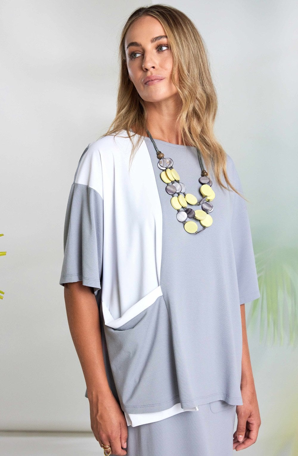 Dove Grey and White Contrast Panel and Pocket Top