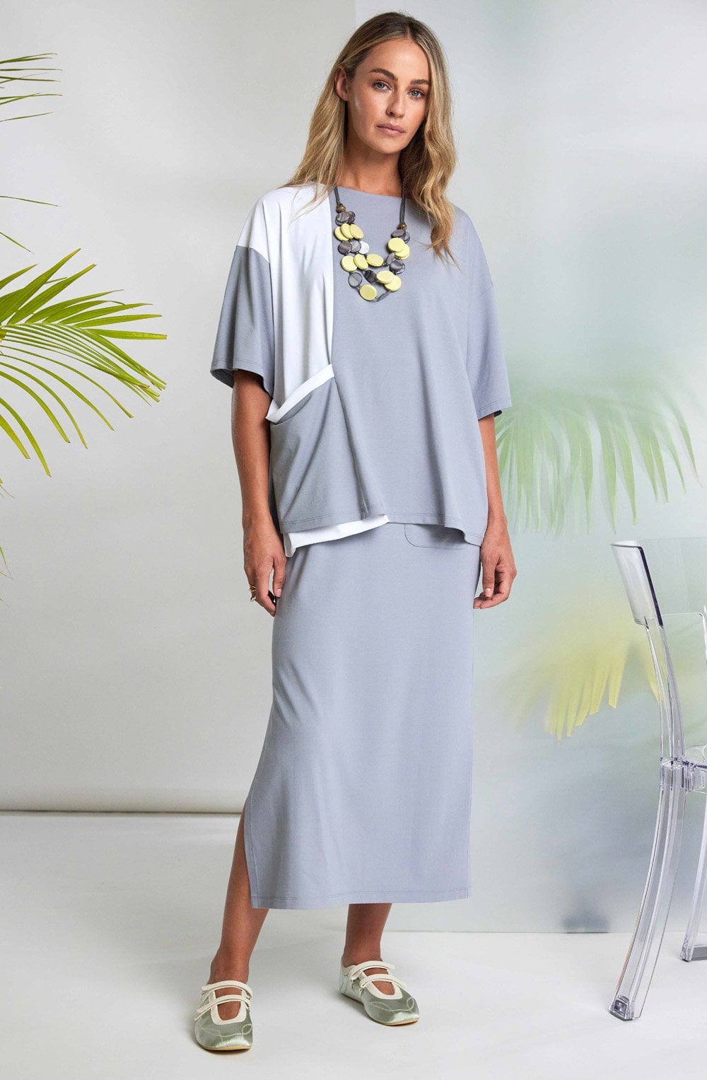 Dove Grey and White Contrast Panel and Pocket Top
