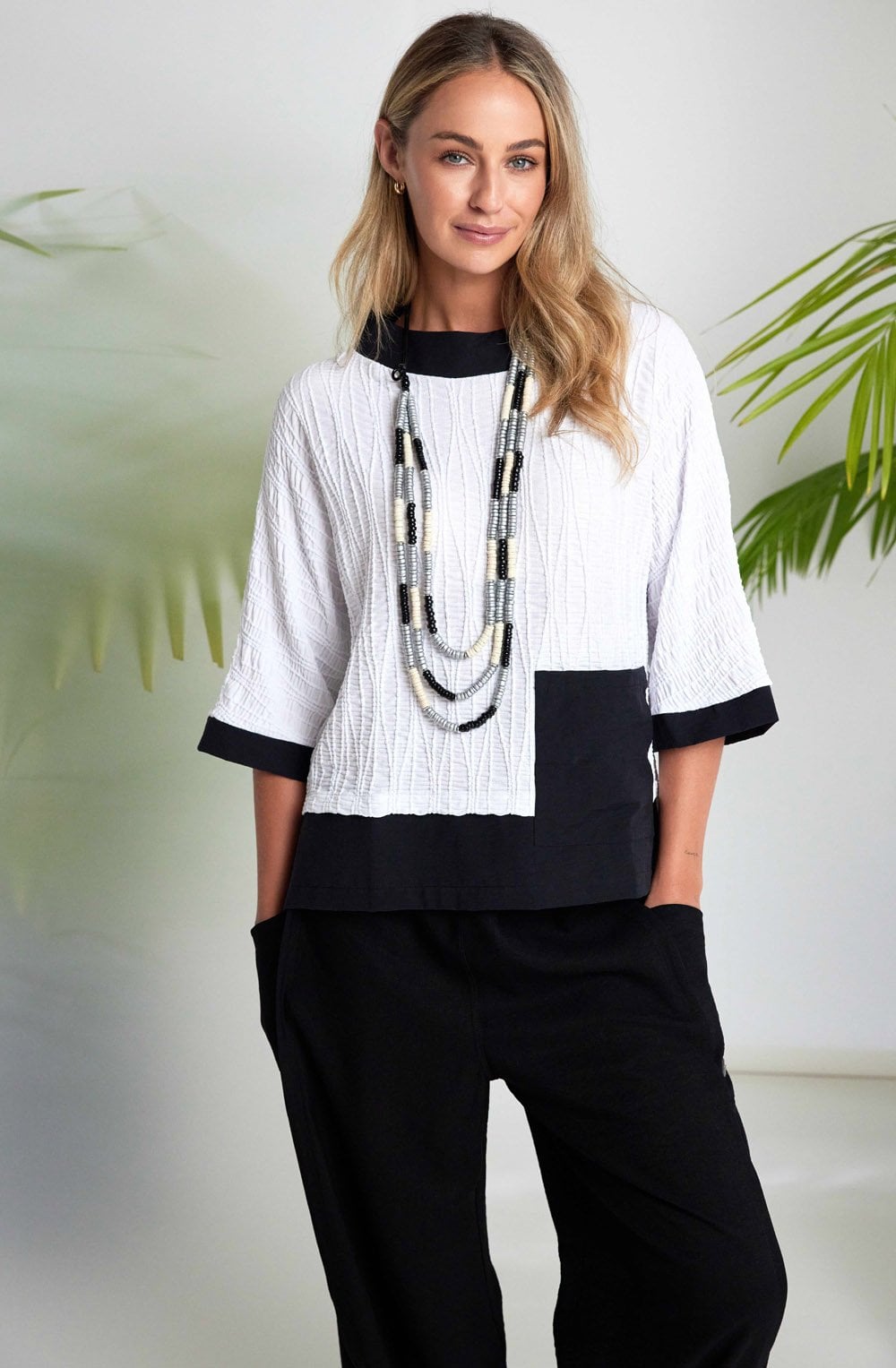 Monochrome Embossed Jacquard and Funnel Neck Top