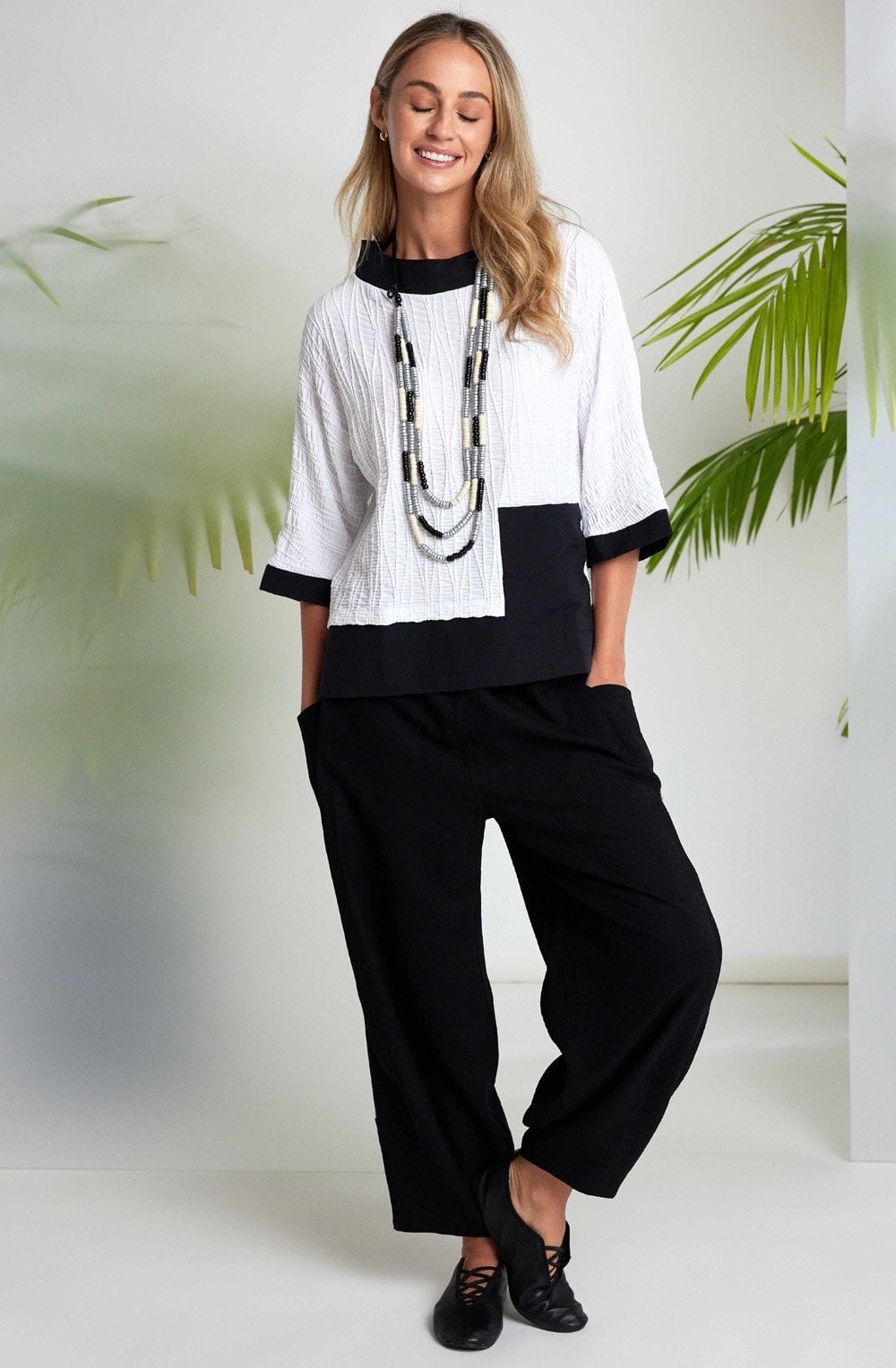 Monochrome Embossed Jacquard and Funnel Neck Top
