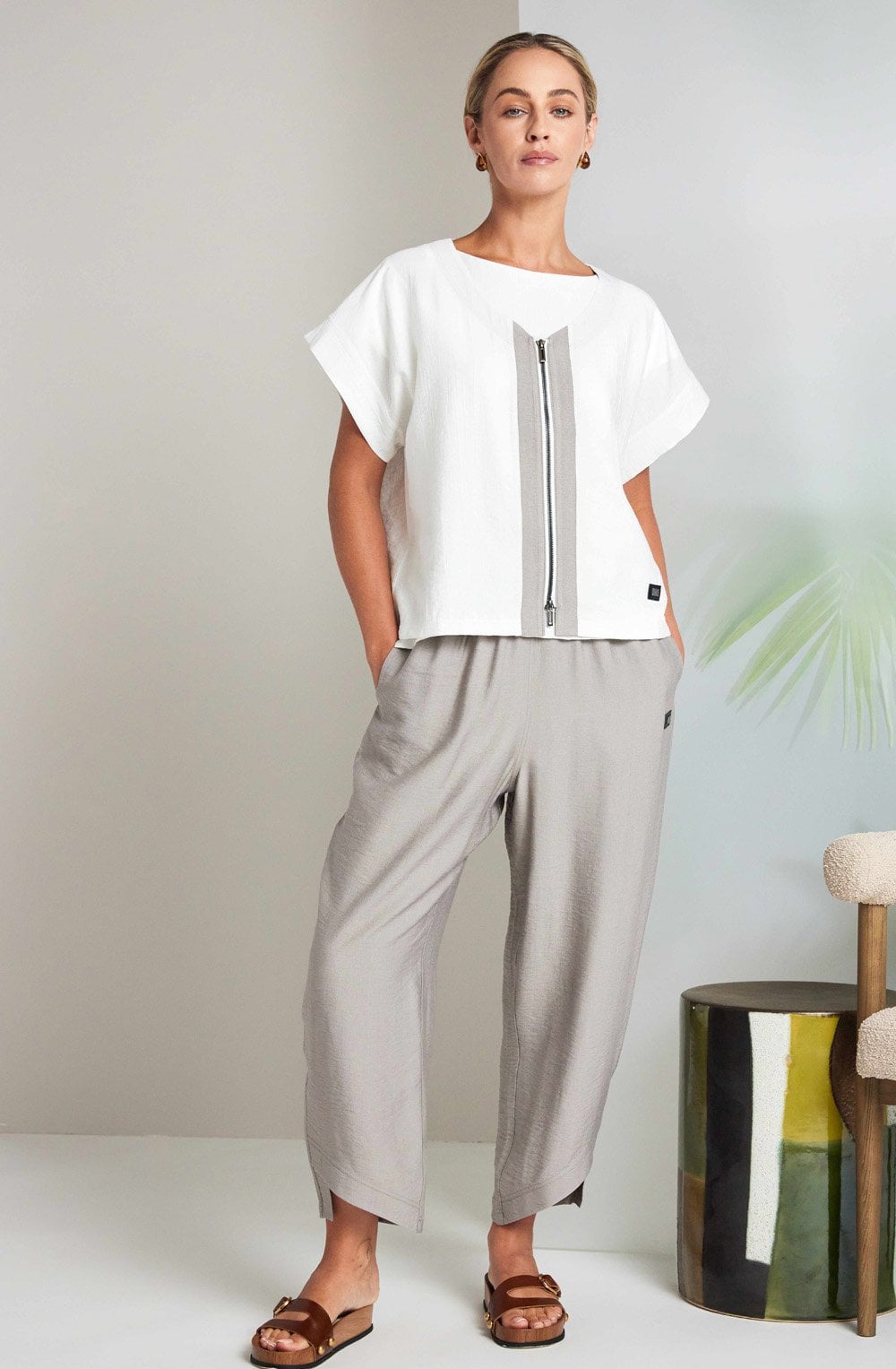 Pebble and Off White Zip Front Top