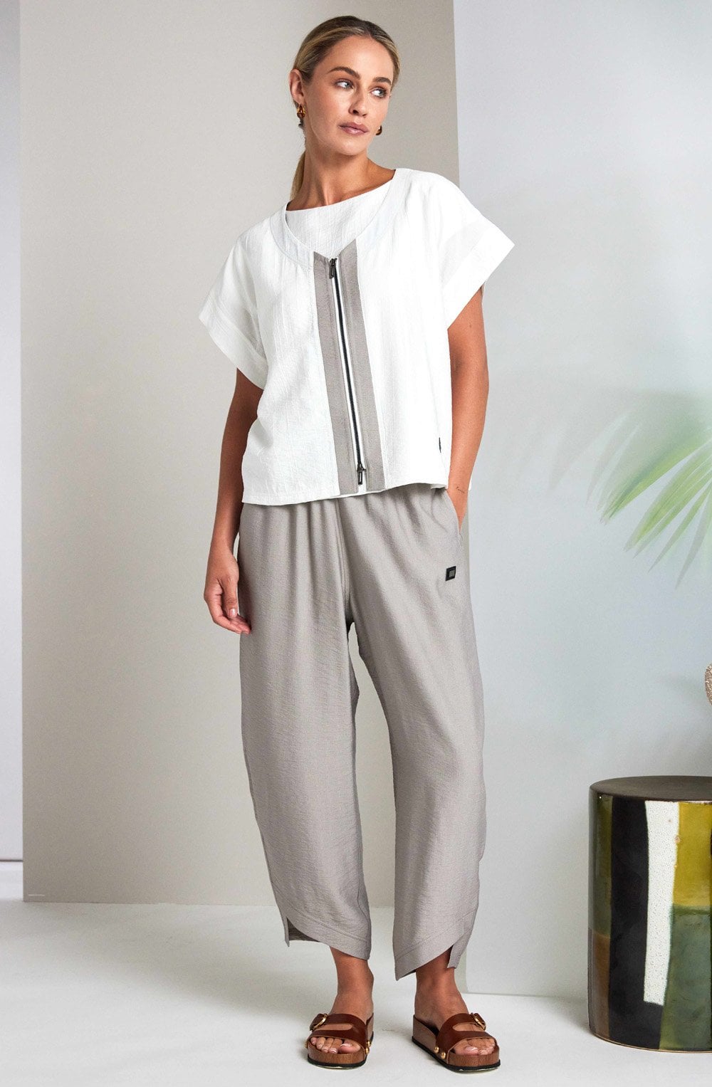 Pebble and Off White Zip Front Top