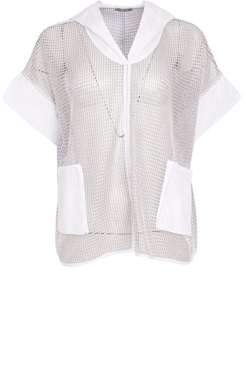 Silver and White Hooded Mesh Oversized Top