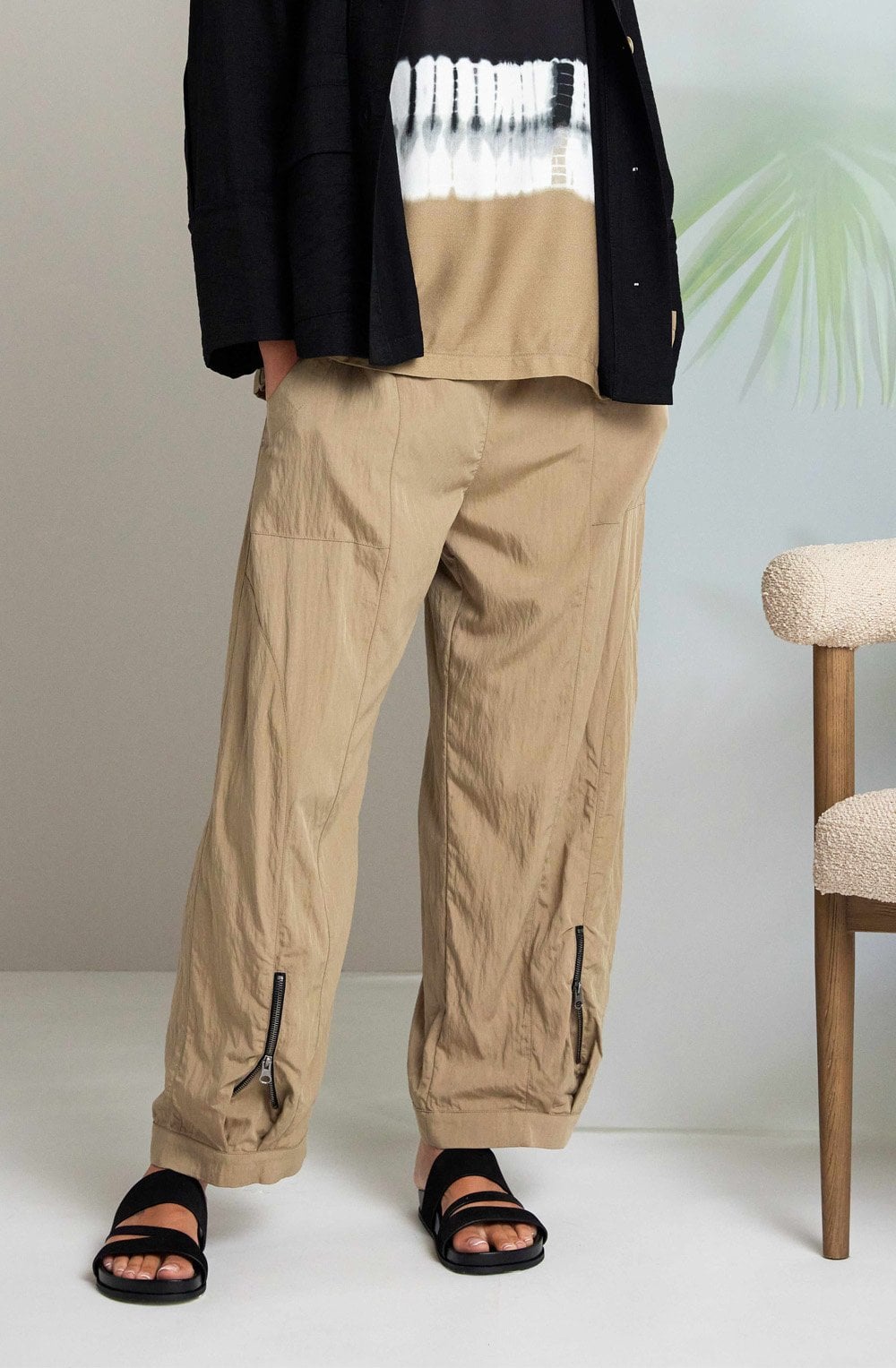 Tan Zip Detail Relaxed Trousers