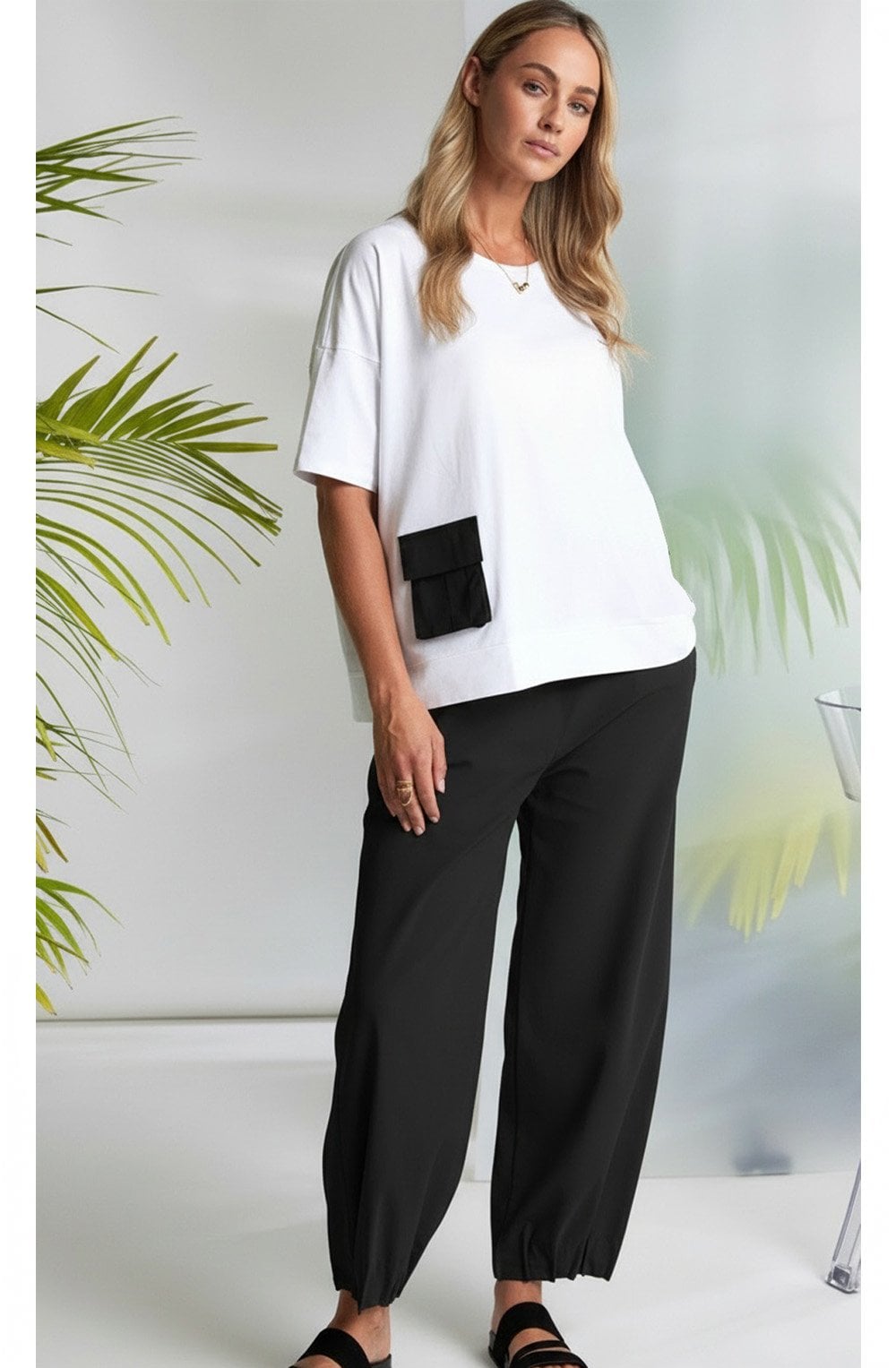 White and Black Statement Pockets T Shirt