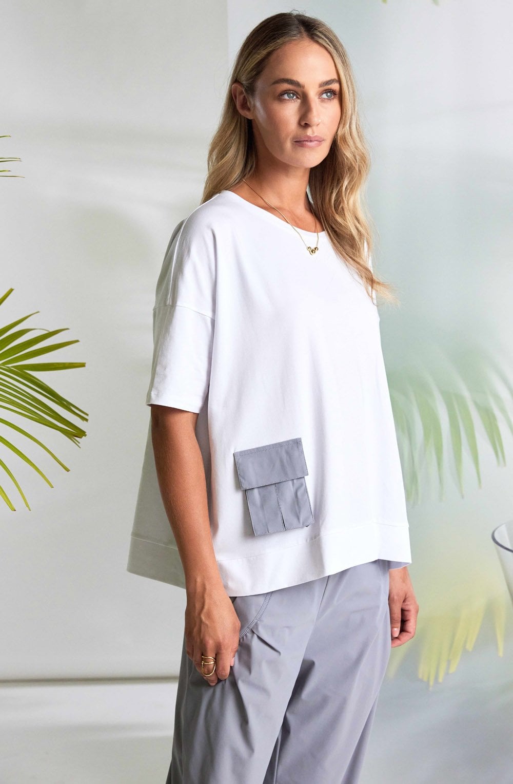 White and Dove Grey Statement Pockets T Shirt