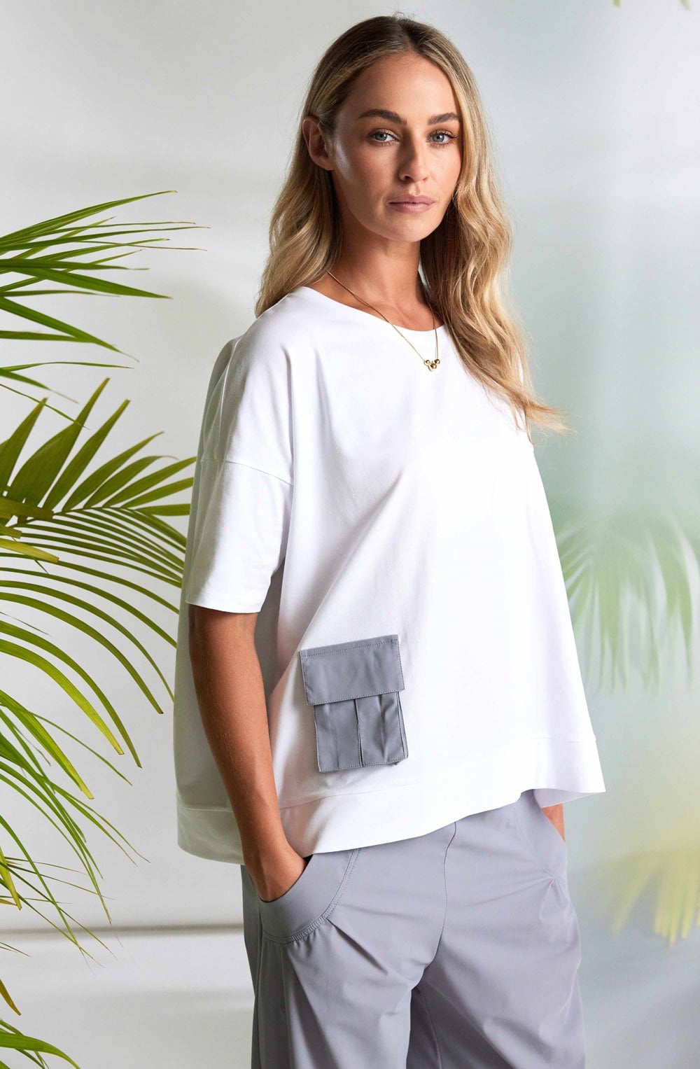 White and Dove Grey Statement Pockets T Shirt