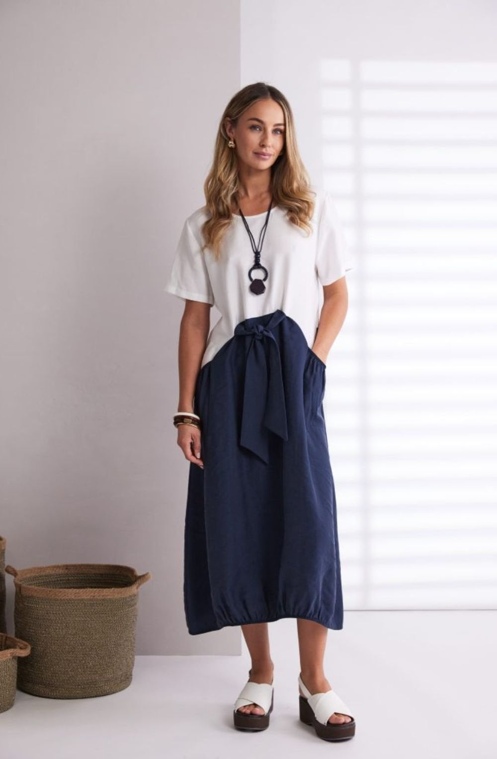 White and Eclipse Tie Detail Dress with Included Necklace