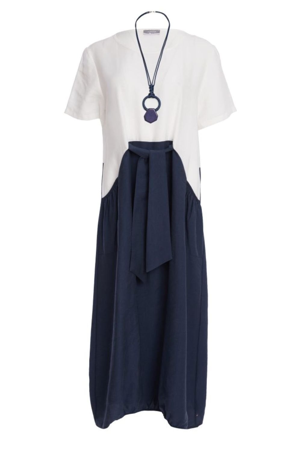 White and Eclipse Tie Detail Dress with Included Necklace
