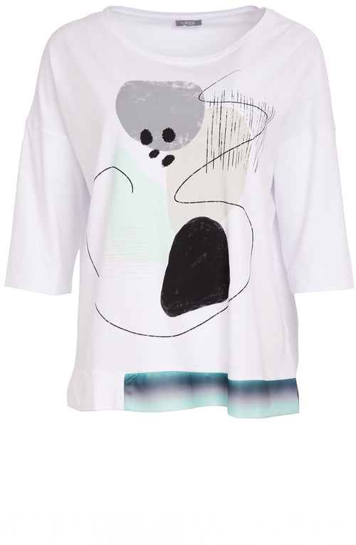 White and Mint Abstract Print Relaxed T Shirt