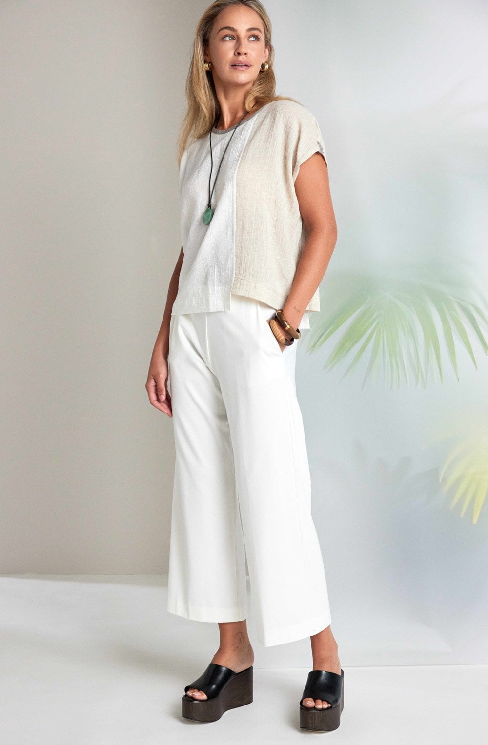 White Luxury Jersey Wide Leg Cropped Trousers