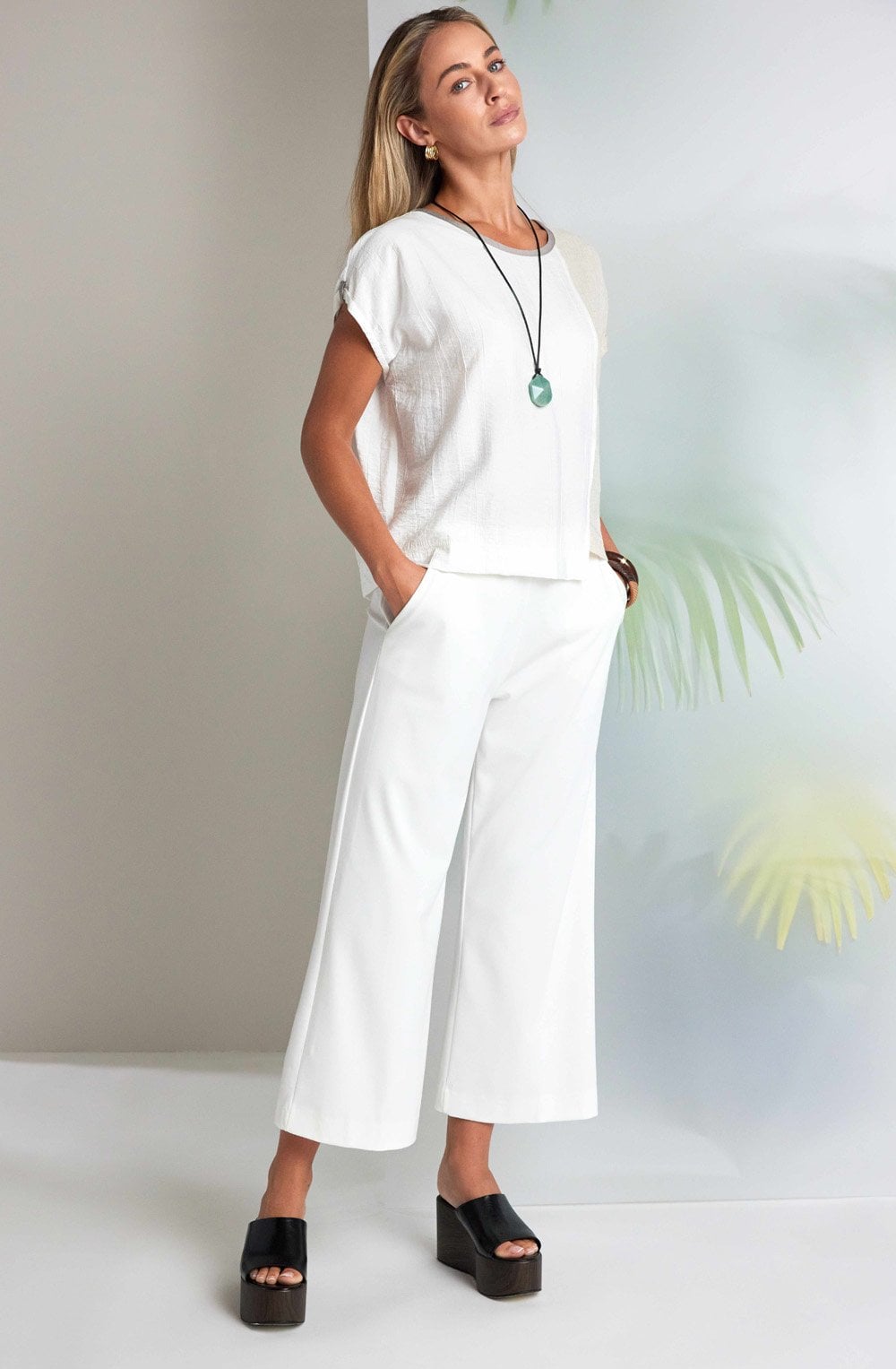 White Luxury Jersey Wide Leg Cropped Trousers