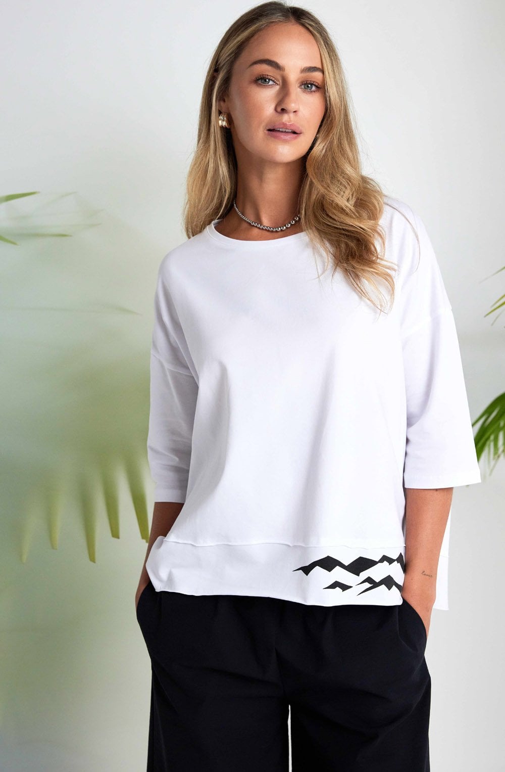 White Oversized Top with Black Wave Placement Print