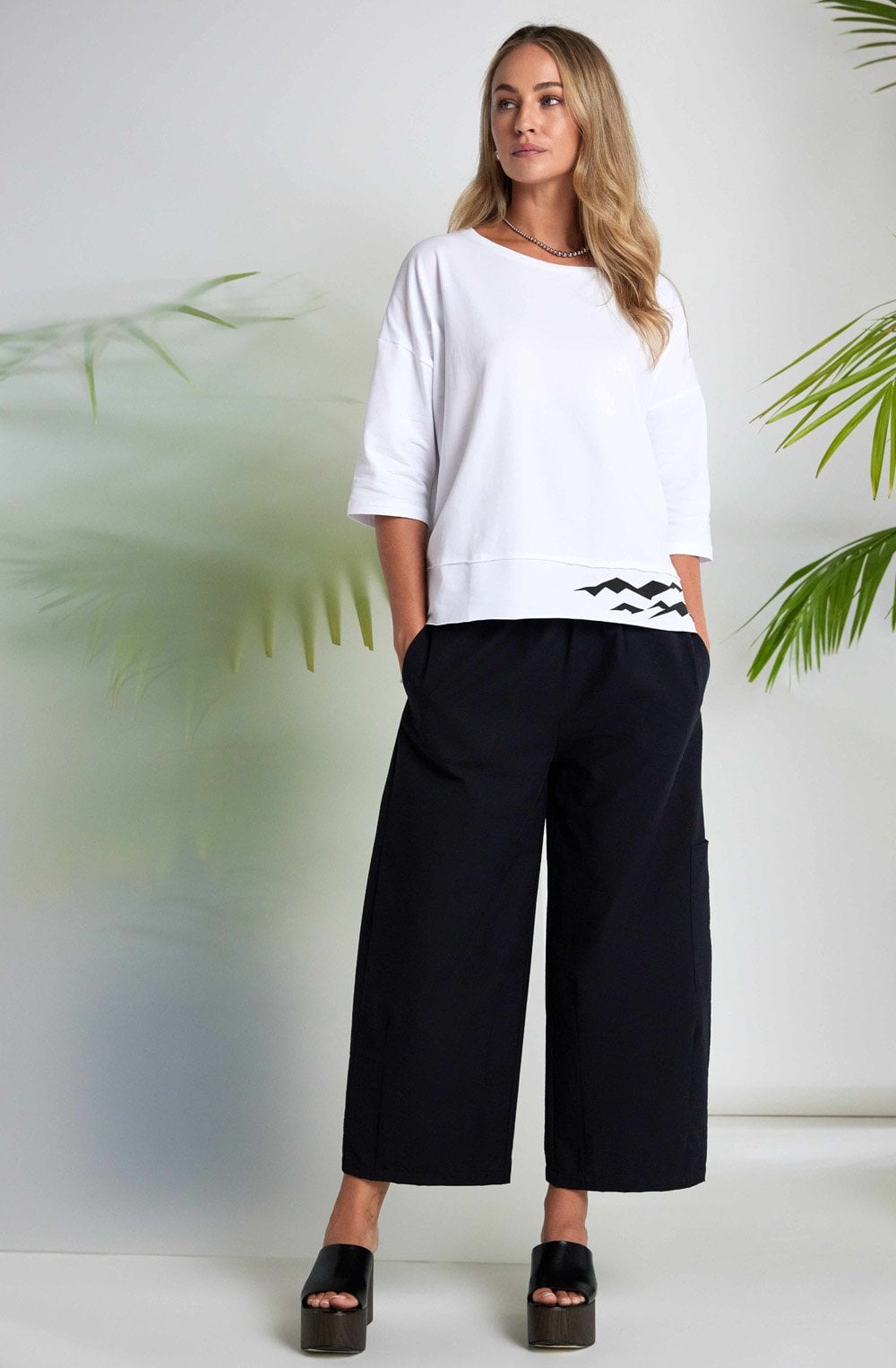 White Oversized Top with Black Wave Placement Print