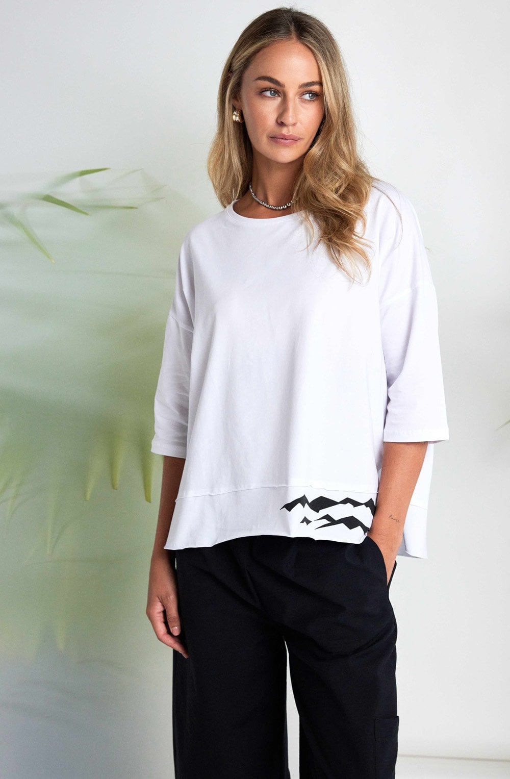 White Oversized Top with Black Wave Placement Print