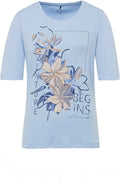 Blue Breeze T Shirt with Gold Floral Design