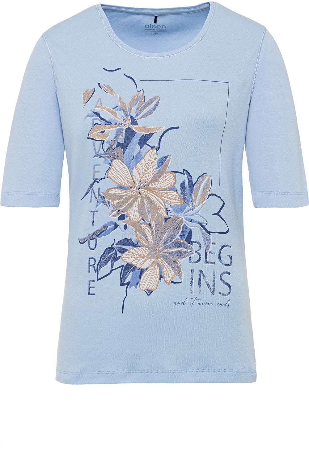 Blue Breeze T Shirt with Gold Floral Design