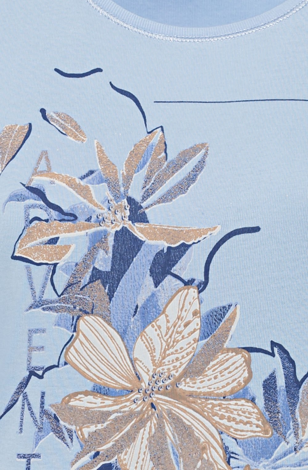 Blue Breeze T Shirt with Gold Floral Design