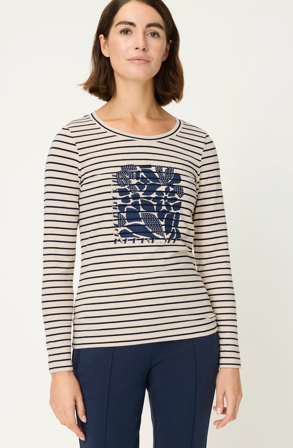 Classic Beige and Navy Mixed Print and Diamante Edda Top