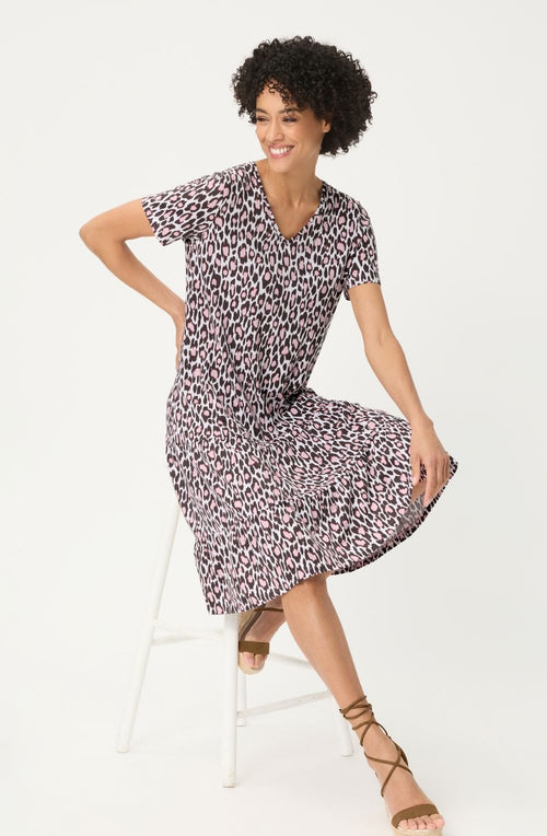 Dark Brown and Raspberry Leopard Print Jersey Dress