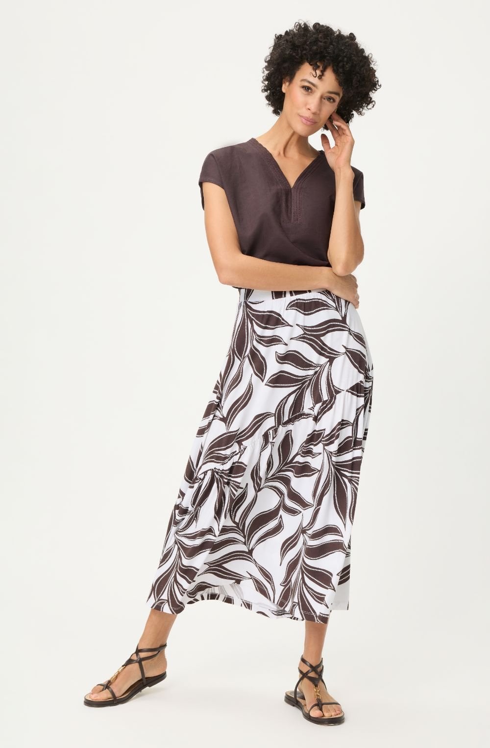Dark Brown and White Leaf Print Jersey Tiered Skirt