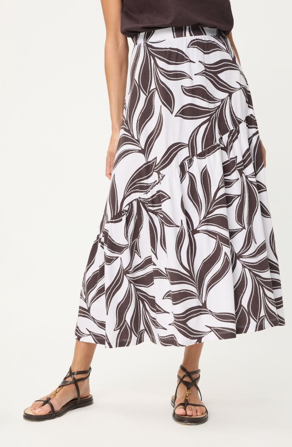 Dark Brown and White Leaf Print Jersey Tiered Skirt