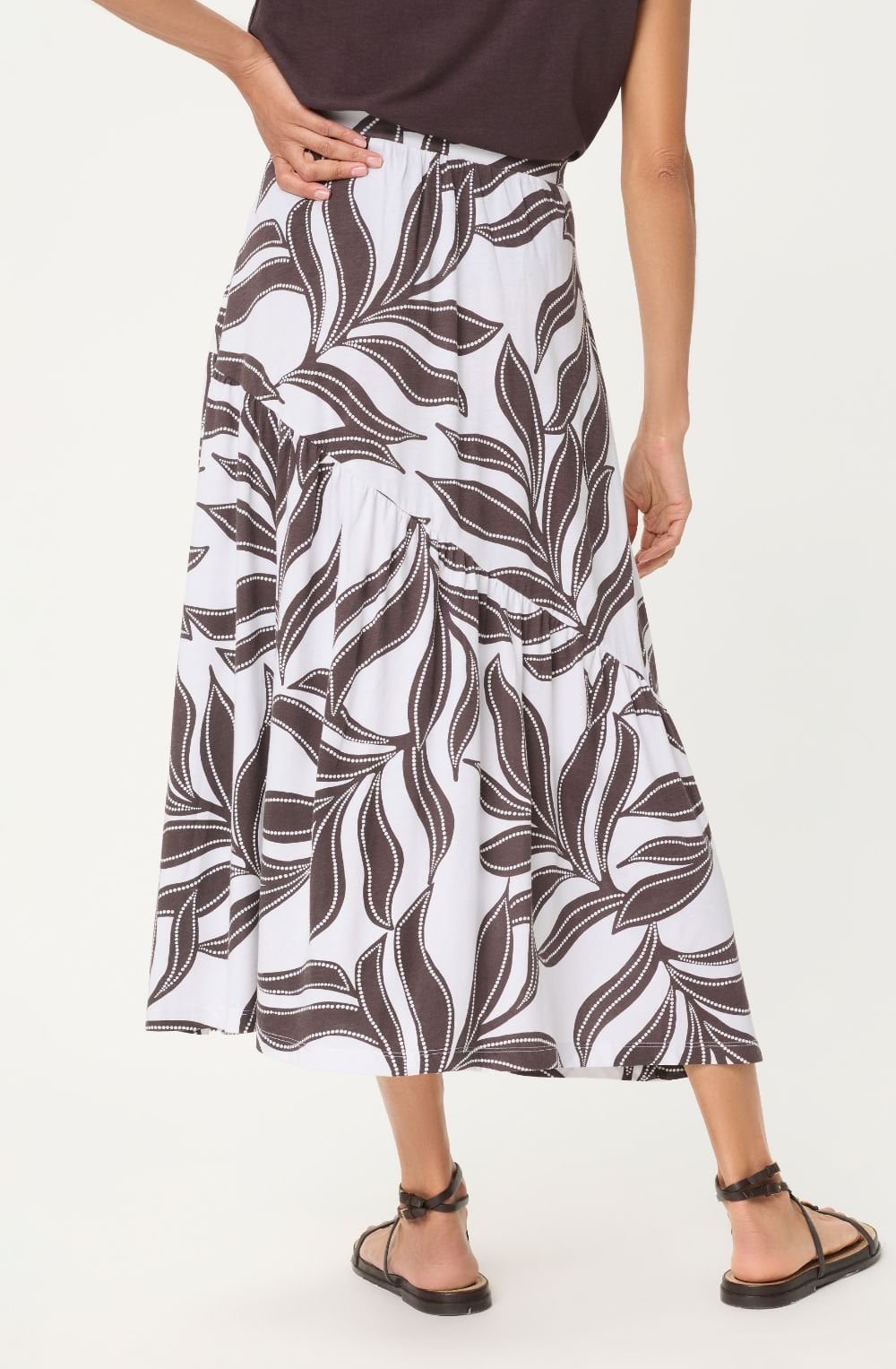 Dark Brown and White Leaf Print Jersey Tiered Skirt