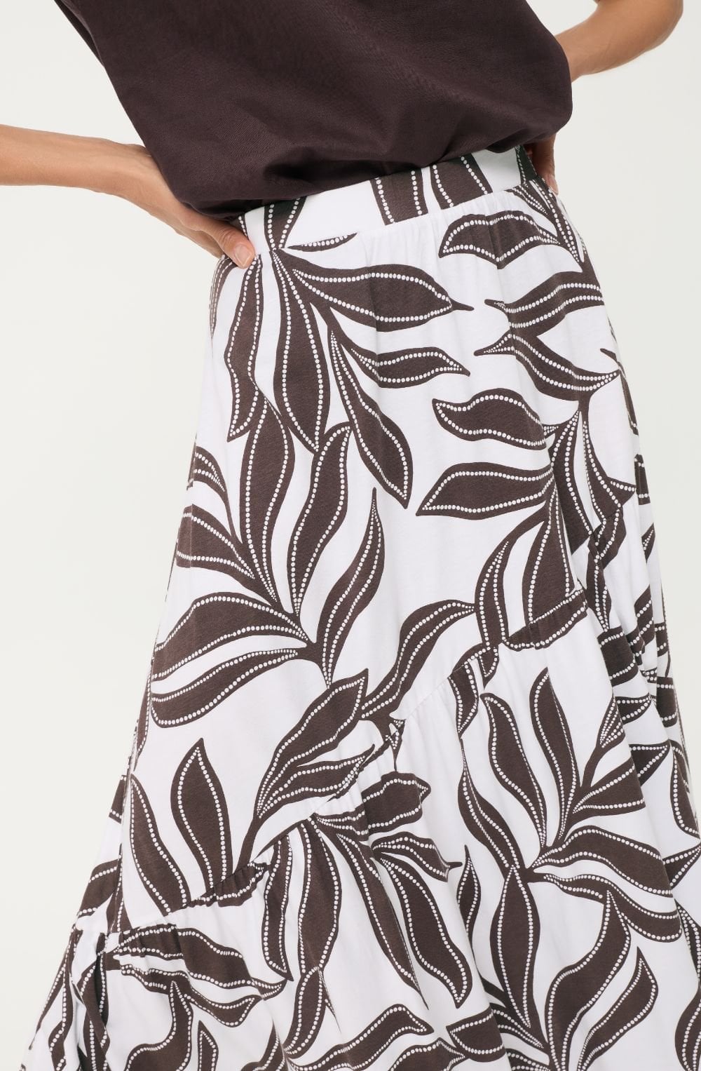 Dark Brown and White Leaf Print Jersey Tiered Skirt